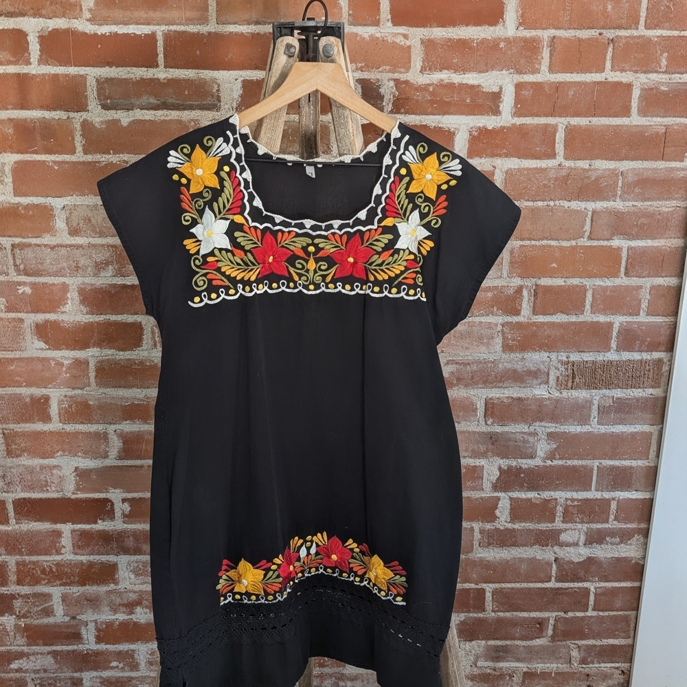 Mexican Embroidered Black Mini Dress